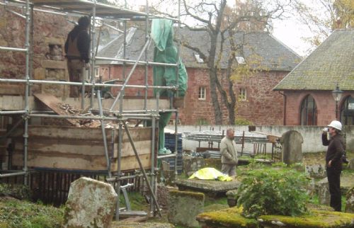 Andrew, Steven and David contemplating the south wall during a short pause in harling removal